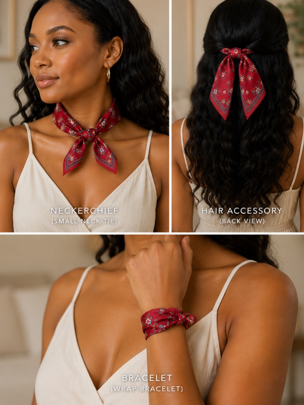 Mario Valentino Red Floral cotton neckerchief, bag /hair accessory NWT - Picture 2 of 5